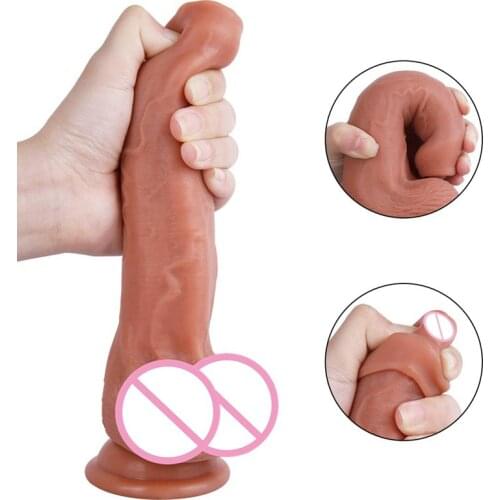 21cm Realistic Dildos Sliding Foreskin Females Masturbation Tools Huge Suction Cup Penis Fake Dick Lesbian Adult Erotic Sex Toys