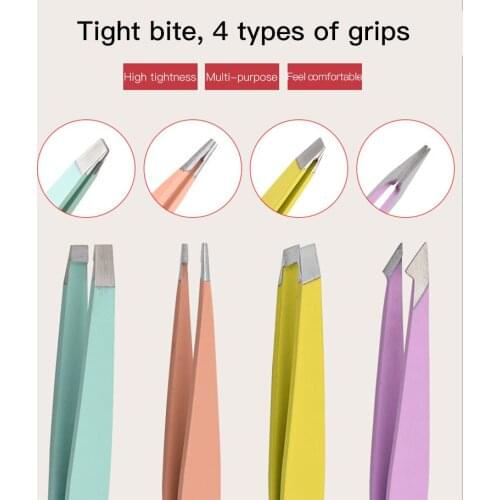 4Pcs/Lot Stainless Steel Eyelash Tweezers Eyebrow Trimming Clip Color Flat Oblique Mouth Hook Mouth Beautfy Brows Clip Tools Set