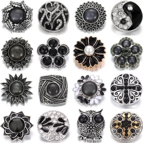 6pcs/lot New 18mm Metal Snap Buttons Jewelry Black Rhinestone Flower Buttons Jewelry Fit 18mm Bracelet Bangle Button