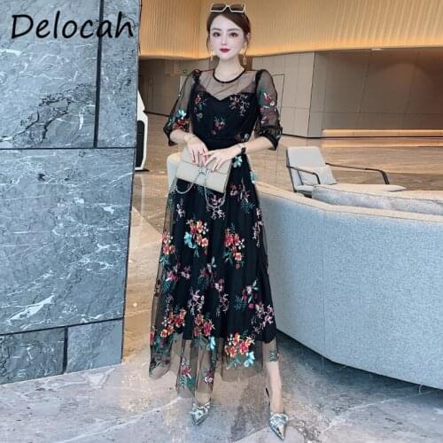 Delocah New 2021 Summer Women Fashion Designer Party Long Dress Lantern Sleeve Gorgeous Embroidery High Waist Mesh Slim Dresses