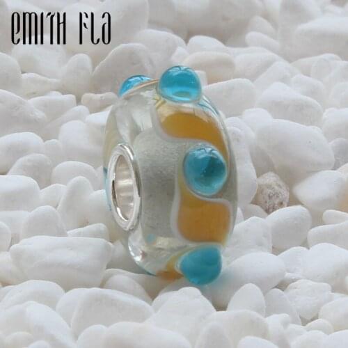 Emith Fla 925 Sterling Silver Large Hole Sky Blue Murano Glass European Charm Beads Fit Brand Bracelet Beads DIY Jewelry Gifts