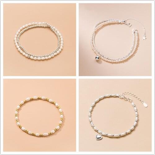 INZATT Real 925 Sterling Silver Bead Heart Pearl Double Chain Bracelet For Charming Women Party Fine Jewelry Cute Accessories