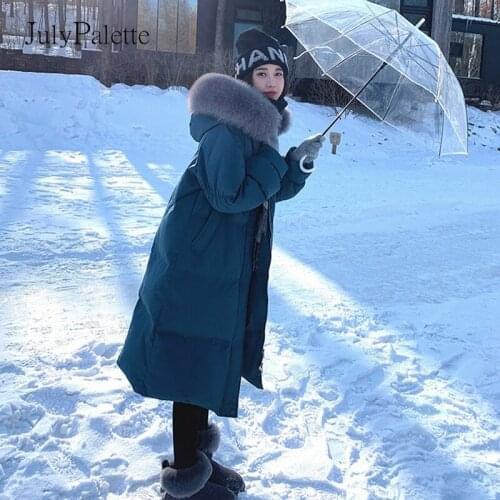 JulyPalette Women Down Jackets 2021 Winter Midi-length Loose Thicken White Duck Down Coats Real Fox Fur Collar Ladies Overcoat