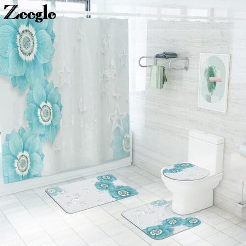 Nordic Style Bathroom Carpet Rug Waterproof Shower Curtain and Memory Foam Set Flannel Bath Mat Absorbent Toilet Seat Cover Mat