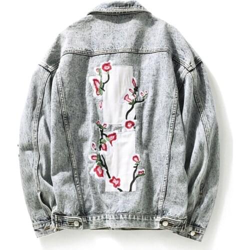 High Quality Back Embroidery Floral Stylish Mens Denim Jackets Hip Hop Seasons Casual Patchwork Wash Broken Hole Outerwear Coats