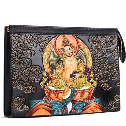 Master Works Handmade Men Vegetable Tanned Leather Carvings Mammon Bag Money Holder Clutch Purse Cigarette Pocket Man Clutches