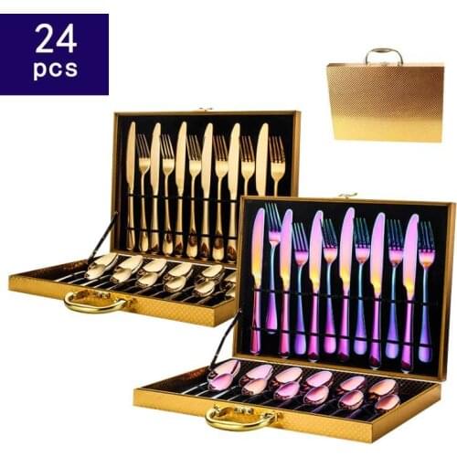 24-piece Set Stainless Steel Cutlery Western Tableware Gold-plated Steak Cutlery Set Wooden Box Travel Cutlery Set Silverware