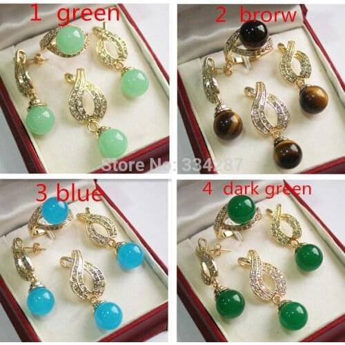 New Style 2019 Wholesale jadesstone yellow GP 12MM Earring Pendant Ring Necklace Sets(for one set)