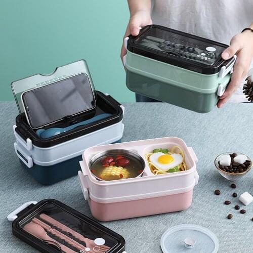 Lunch Box Portable Bento Box Double Layer Eco-Friendly Camping Food Container Spoon Fork Chopsticks Tableware Set Dinnerware Set