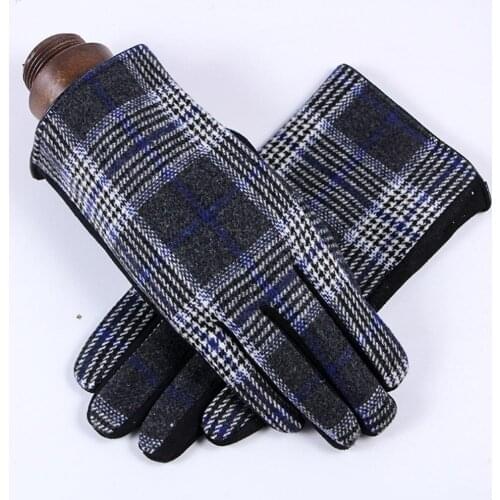 Men Fashion Autumn Winter Plaid Full Finger Gloves Thicken Warm Mittens Gift
