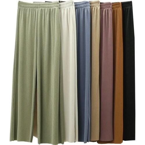 Fdfklak Spring Summer Ice Silk Pijama Pant Women Wide Leg Loose High Waist Straight Trousers New 2021 Pantalones De Mujer