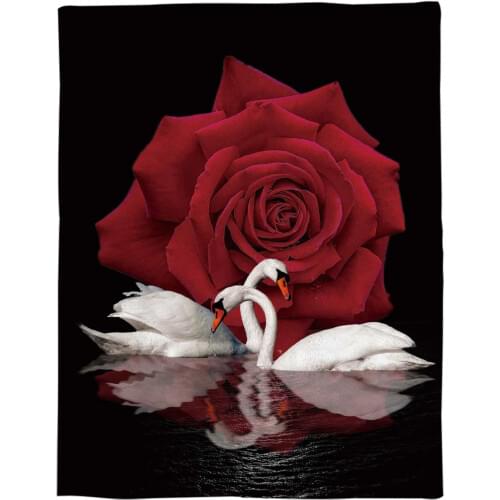 Rose Flower Swan Lake Reflection Throw Blanket Portable Soft Bedspread Microfiber Flannel Blankets for Beds
