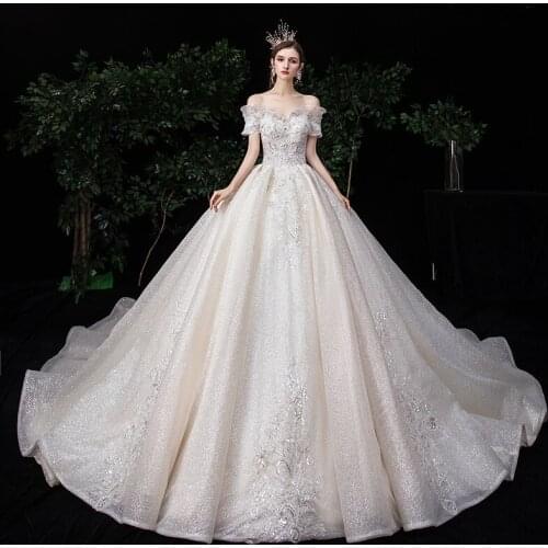 Custom Made Wedding Dresses Ball Gown Big Train Pearls Crystal Lace Tulle Puffy Luxury Wedding Gowns 2020 New Fashion HS10