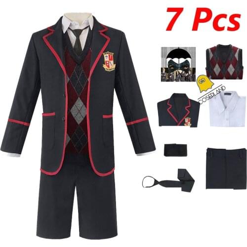 7PCS The Umbrella Academy Uniform Hargreeves Cosplay Costume Halloween Carnival Christmas Party Suit for Men Women School Outfit