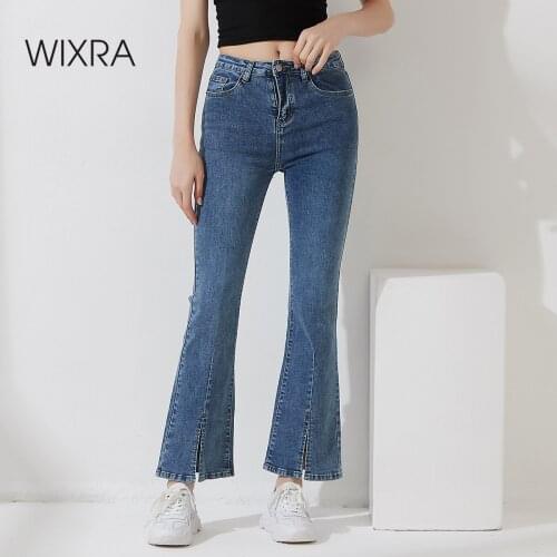 Wixra Women Casual Streetwear Stretchy Denim Pants Ladies Split Hem High Waist Pockets Skinny Flare Jeans