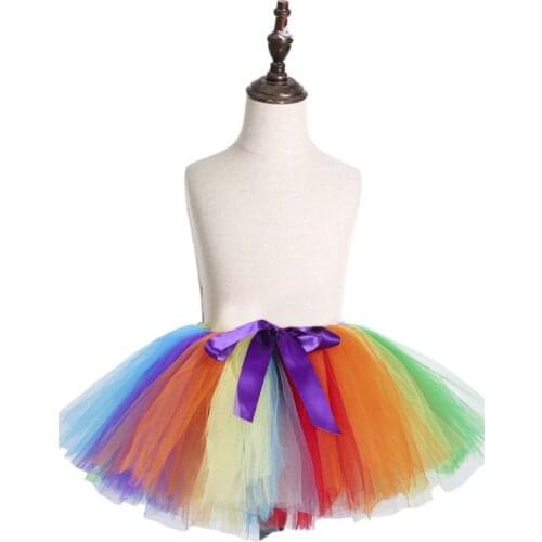Women Girls Rainbow Colorblock Tutu Skirt Layered Tulle Bow Ballet Dance Ruffles Pettiskirt Carnival Party Costume