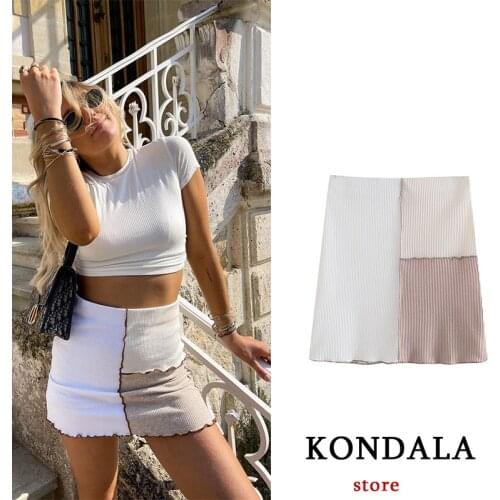 KONDALA Za 2021 Women Casual Skirt Fashion Panelled Patchwork Screw Thread Slim Y2K Skirt Female Streetwear Faldas Mujer