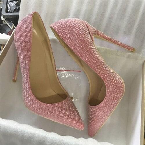 Pink shiny pumps thin 12cm high heels sequined ladies bling bling women party shoes shallow fashion nightclub BM020 CHENSIR9