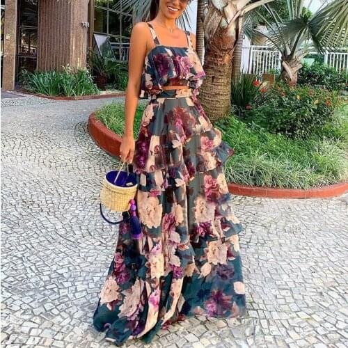 Ladies Summer Sleeveless Sling 2-piece Set Bohemian Vacation Camisole and Long Skirt Set Vestido Chic Large Big Size Beach Skirt
