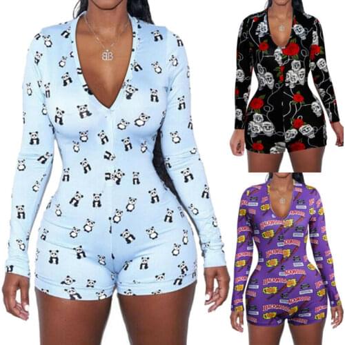 Women Sexy Low Cut Novelty Party Print Bodycon Homewear Jumpsuit Shorts Romper Leotard Long Sleeve Rompers New Night Wear