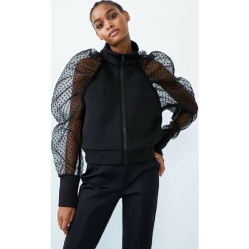 New Fashion Womens Polka Dot Sheer Mesh Long Puff Sleeve Sweatshirts Tops Zipper Up Casual Mesh Hollow Sleeve Sweatshirt Tops