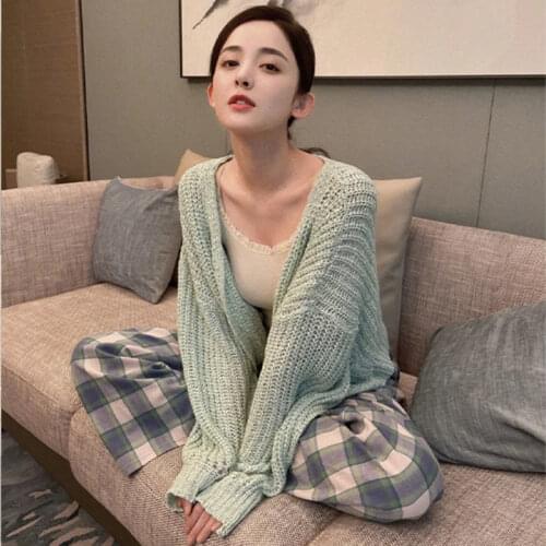2021 Autumn New Fashion Mint Green Knitted Cardigan + Plaid Trousers Cute Women Three-piece Suit