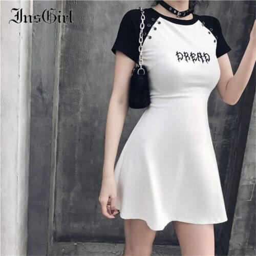 InsGirl Dark Goth Dress Women Dread Embroidered Black and White Raglan Short Sleeve Dress Harajuku Sexy Y2k E-girl Punk Dress