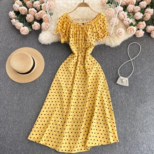 2021 New Summer Fashion Vestidos Female Polka Dot Round Neck Puff Sleeves Age-reducing Slim French Midi Dress DK920