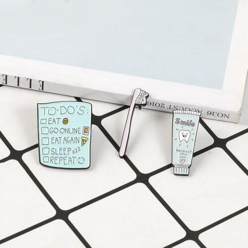 Toothbrush Toothpaste Enamel Pins TO DO List Badges Custom Brooches Pastel Lapel pin Denim Shirt Cartoon Cute Smile Jewelry Gift