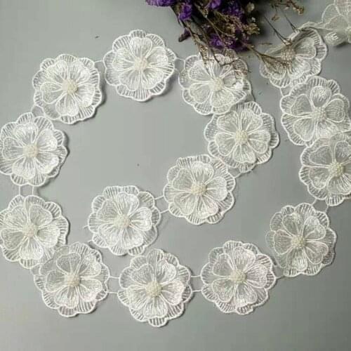 10x White Pearl Handmade Beaded Flower Embroidered Lace Edge Trim Ribbon Double Layered Applique Dress DIY Sewing Craft New