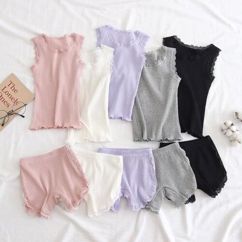 2021 Summer Girls Lace Ribbed Pajamas Kids Sleepwear Children Lounge Set Teenagers Toddler Clothing