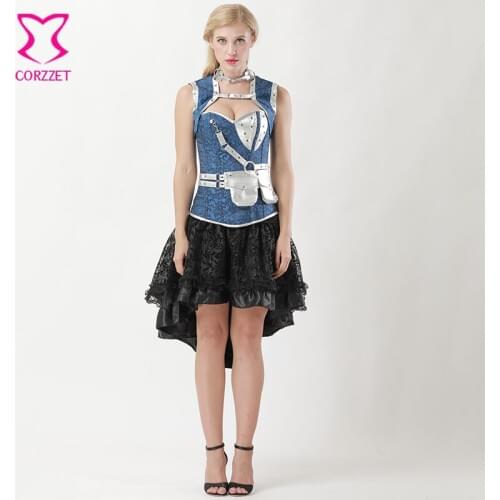 6XL Blue Floral Jacquard Steel Boned Plus Size Corset Skirt Steampunk Clothing Victorian Corpetes E Corselet Overbust Sexy Dress