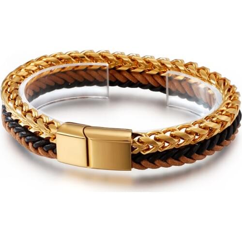 Fate Love jewelry Genuine leather Stainless steel Weave chains Bracelet bangle Gold 13mm 8.26'' Mens gifts