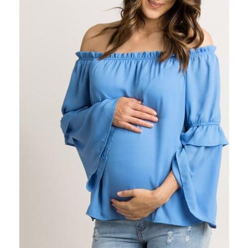 Maternity 2019 Summer Autumn Pregnancy Women Chiffon Shirt Sexy Off Shoulder Slash Neck Casual Loose Tees Tops Plus Size