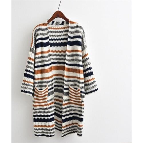 New Long Sleeve Cardigan Mid-length Striped Color Block Sweater Jacket Windbreaker Knitted Longline Cardigan Sweater Top