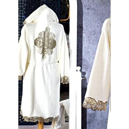 New Season - 100% Cotton Honeymoon Bathrobe ( Ecru and Gold )