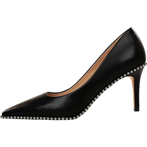 Faux Leather Shoes Women Pumps 7.5cm Heigh Heels Shoes 2020 New Shallow Dress Elegant Stiletto Beaded Lady Office Dress Footwear