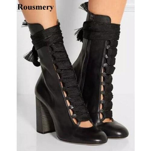 Real Photos Women Fashion Round Toe Lace-up Thick Heel Black Blue Ankle Boots Ankle Strap High Heel Cut-out Boots