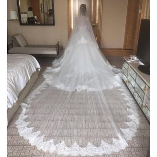 Luxury Bridal Veil White Lace Wedding Veils Two Layer Cathedral Length 4M Ivory Bride Vail With Comb