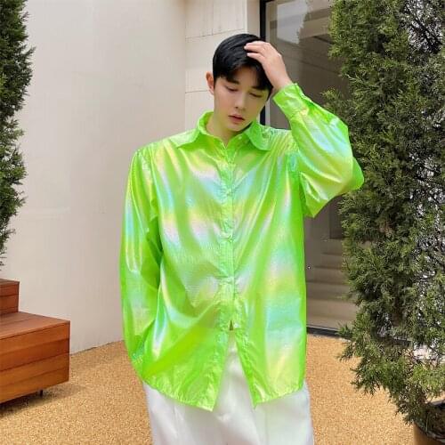 Summer Green Long Sleeve Shirts Men Harajuku Oversized Streetwear Shirt Korean Style Fashion Hip Hop Blouse