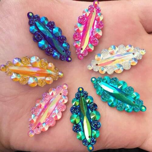 20PCS Shiny AB Resin 15*30mm horse eye 3D Flower Flatback rhinestone Wedding Embellishment diy 2 Hole appliques SK28*2