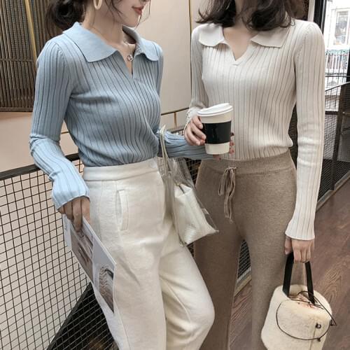 Gkfnmt Women Sweater Chic 2020 New Fashion Turn-down Collar Fall Winter Solid Color Work Office Pullover Slim Knitted Sweaters