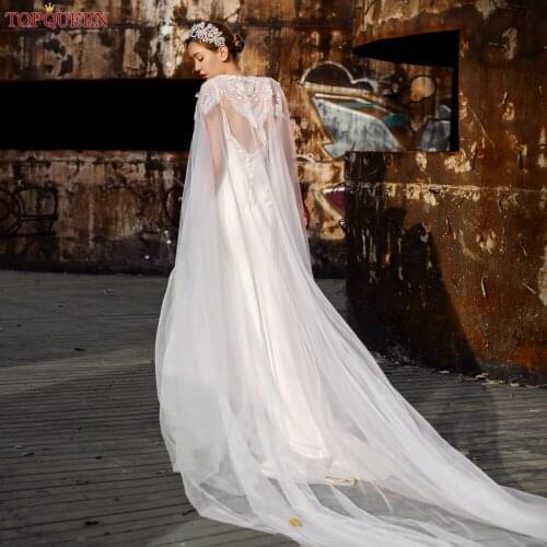 TOPQUEEN G25 Bridal Shawl Cape Veil Sheer Long Bridal Wrap with Sequins Bolero Jacket Party Boleros for Wedding Dresses Lace Top