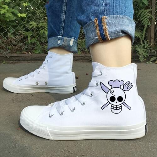 Wen Design Anime Athletic Shoes One Piece Sanji Jolly Roger High Top White Black Canvas Sneakers for Men Women Skateboarding