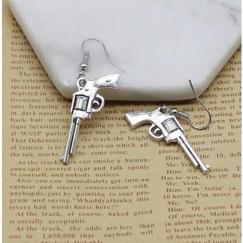 Vintage Antique Silver Charm Simulation Pistol Bullet Drop Earrings Womens Jewelry