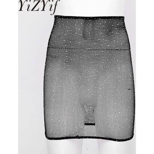 Women Shiny Rhinestone Bodycon Skirt Sexy See Through Mesh Mini Skirt Music Featival Dancing Costume Sexy Night Club Wear Skirts