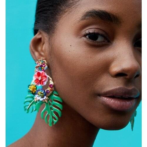 2020 New Brand ZA Metal Big Leaf Earrings Women Fashion Enamel Vintage Long Drop Earrings Sequins Flower Statement Party Earring