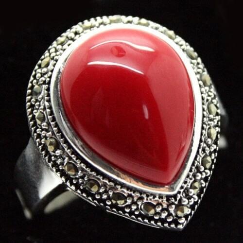 Women Gift word Love good 25x20mm Red Carved Lacquer Inlay Marcasite 925 Sterling Silver Drop Ring Genuine mans jewe