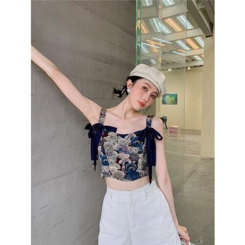 New 2021 Womens Summer New Style Printed Sleeveless Ladies Crop Tops Sexy Korean Cute Little Bear Jacquard Bow Suspender Vest