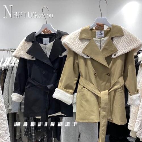 Winter Lapel Fashion Double Breasted Women Coat Lining With Fluff Waist Strap Warm Female Overcoat